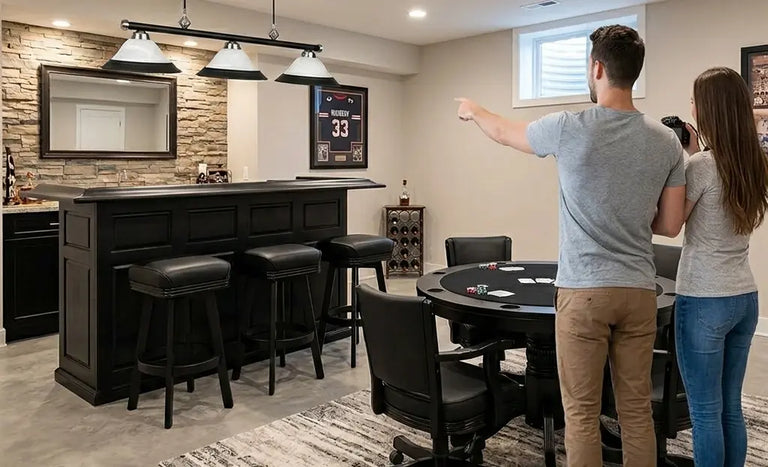 A couple takes a photo of their new home bar