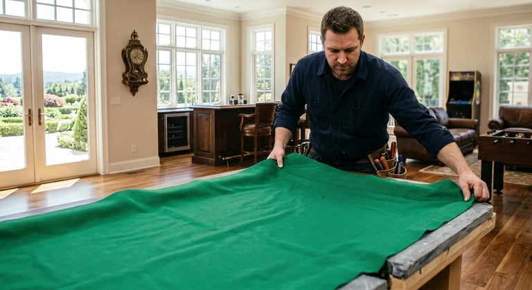 Man installing pool table felt on a slate pool table.