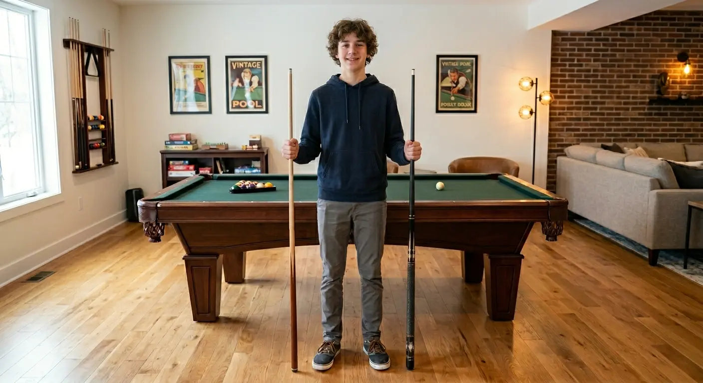 Boy standing in nice game room holding two pool sticks - one single piece house cue and one budget two-piece pool cue.