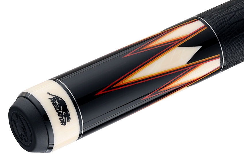 Predator Truesplice 16 Ebony Forearm with Red, Orange and Yellow Veneers Pool Cue with Lizard Wrap - Radial