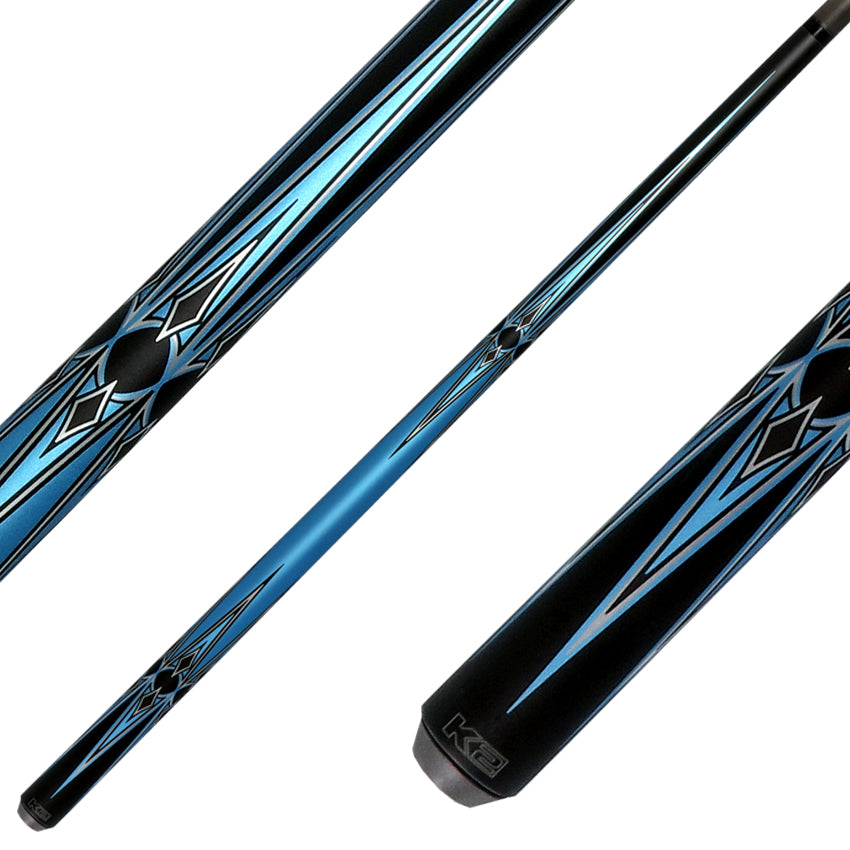 K2 Matte Metallic Blue with Silver and Black Graphic Pool Cue with 11.75mm RK Carbon Fiber Shaft Shaft