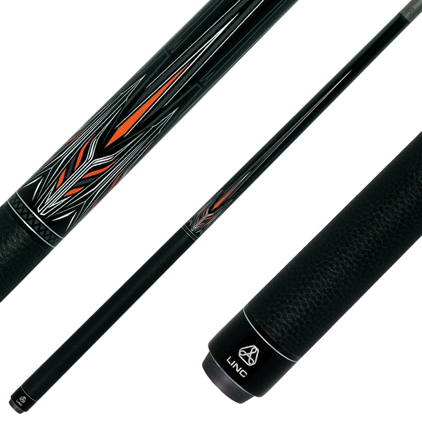 Linc LC104 Black with Orange / Silver / Gray Graphic Pool Cue & Carbon Fiber Shaft