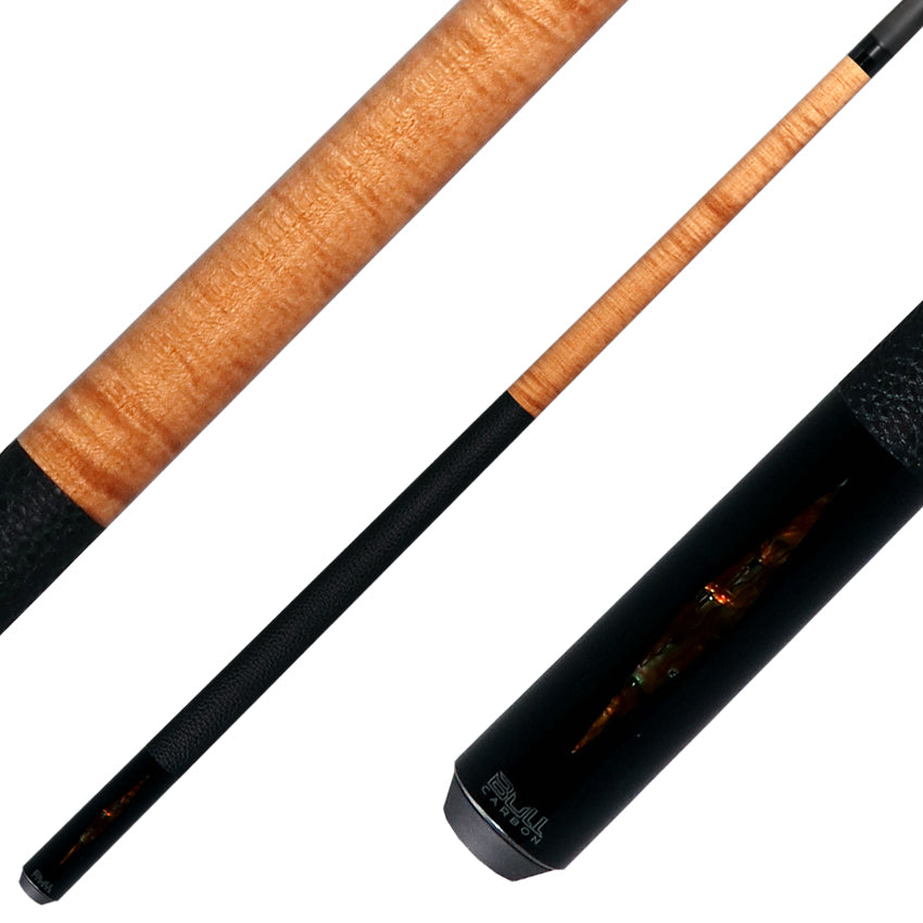 Bull Carbon Gold Stained Maple with Gold Genuine Shell Inlays Play Cue with Textured Leather Wrap