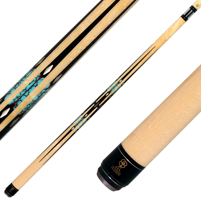 McDermott H1050 H-Series No Wrap Pool Cue - Birdseye Maple Forearm with Black/Turquoise/Pewter/Red Points