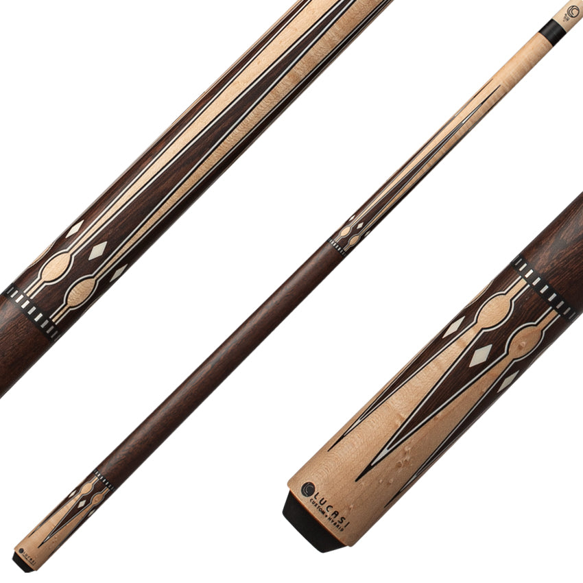 Lucasi Custom LZC56 Wrapless Cue Pool - Matte Birdseye Maple and Black Palm/Imitation Bone