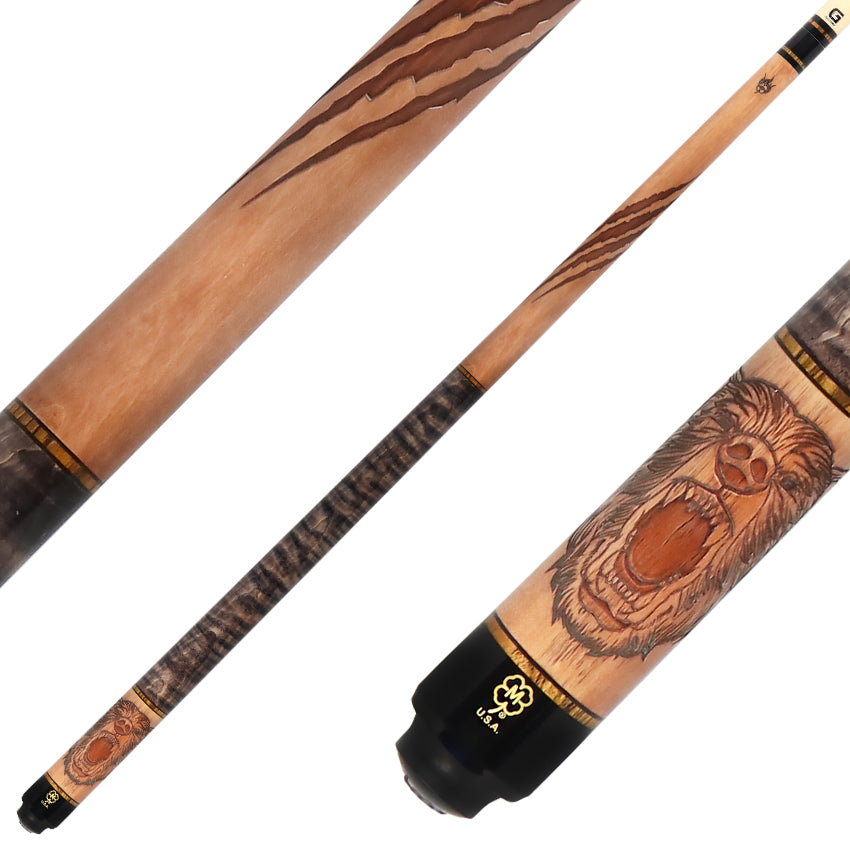 McDermott G339 G Series No Wrap Pool Cue - Wildfire 3D Grizzly Bear with Gray-Stained Maple Wrap Handle