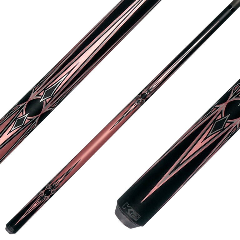 K2 Matte Metallic Pink with Black and Silver No Wrap Pool Cue with 12.65mm RK Carbon Fiber Shaft