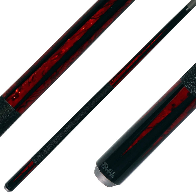 Bull Carbon Black with 6 Iridescent Red Points Play Cue with Textured Leather Wrap
