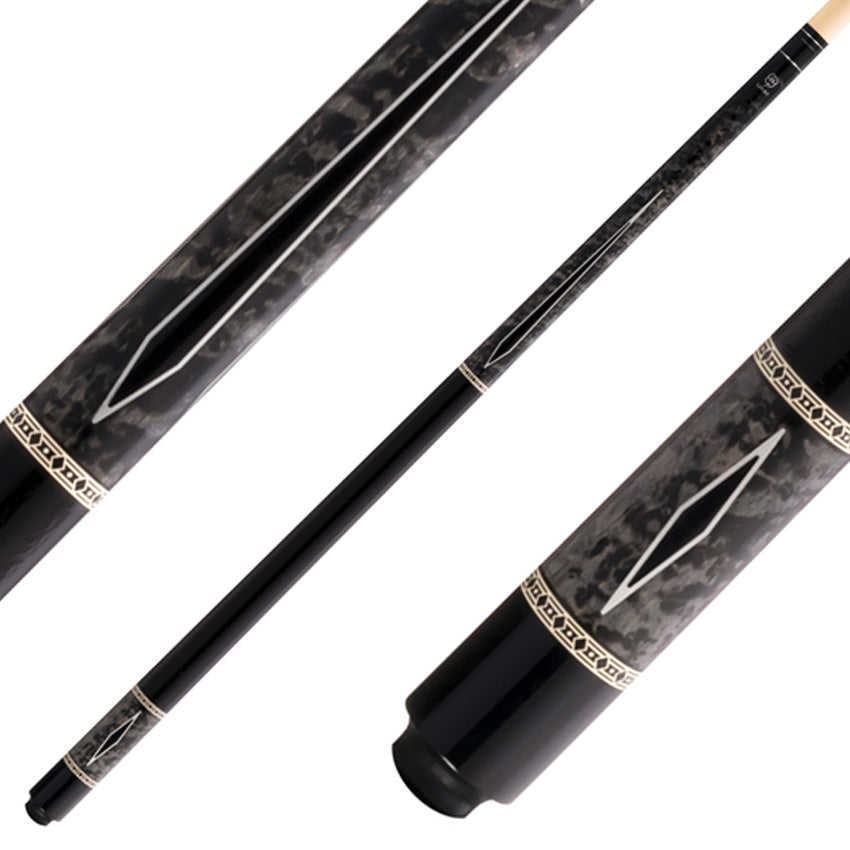 Lucky L54 Pool Cue - Gray Burl Wood with Black Points Graphic and Textured Leather Wrap