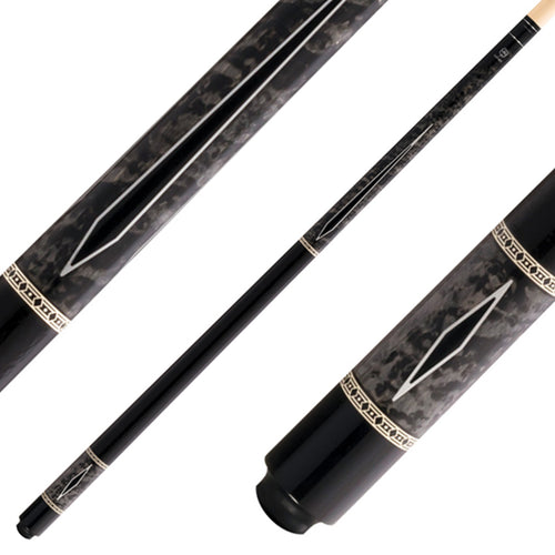 Lucky L54 Pool Cue - Gray Burl Wood with Black Points Graphic and Textured Leather Wrap 1