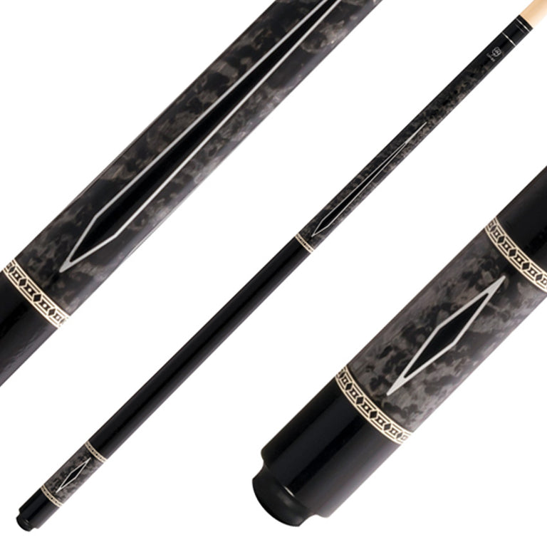 Lucky L54 Pool Cue - Gray Burl Wood with Black Points Graphic and Textured Leather Wrap