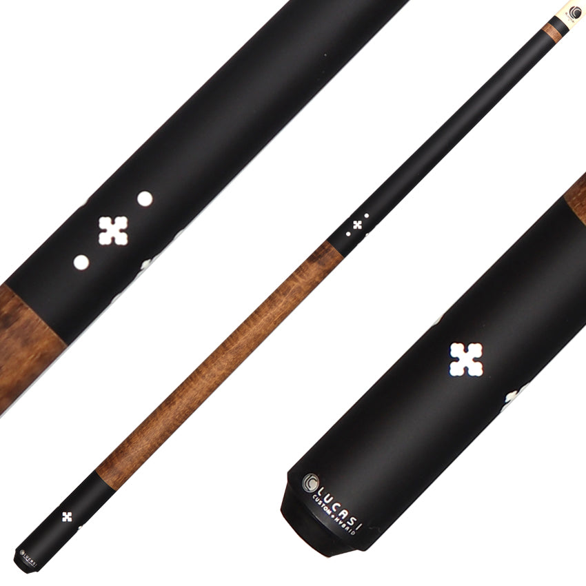 Lucasi Zero Flexpoint Matte Black with 4 Imitation Bone Inlays and Walnut Stained Curly Maple Wrapless Pool Cue - LZC58