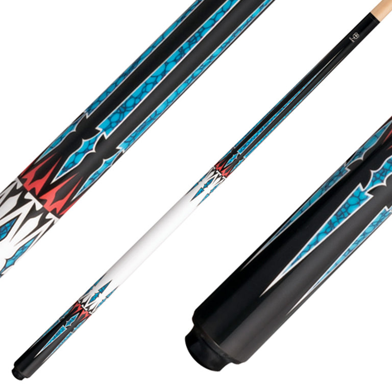 Lucky L81 No Wrap Pool Cue - Black with Blue / Red / White Graphic