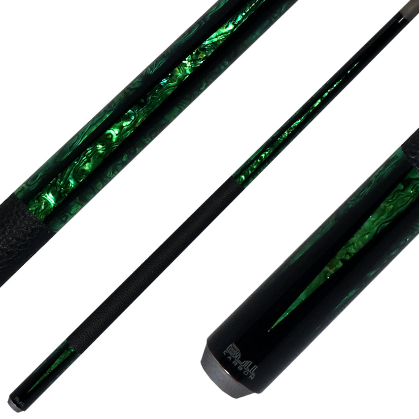 Bull Carbon Black with 6 Green Mother-of-Pearl Points Play Cue with Textured Leather Wrap