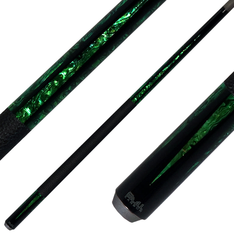 Bull Carbon Black with 6 Green Mother-of-Pearl Points Play Cue with Textured Leather Wrap