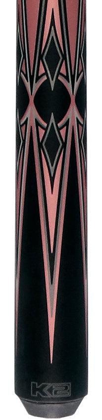 K2 Matte Metallic Pink with Black and Silver No Wrap Pool Cue with 12.65mm RK Carbon Fiber Shaft