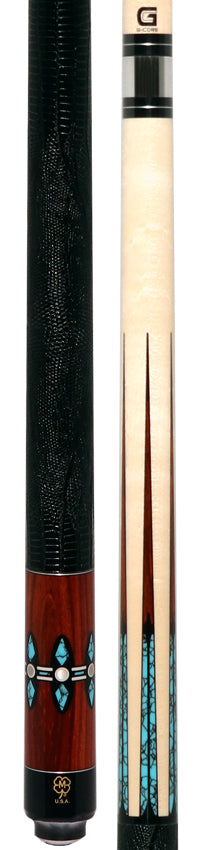 McDermott G606 G Series Pool Cue - Maple with 6 Turquoise/Cocobolo Points and Lizard Leather Wrap