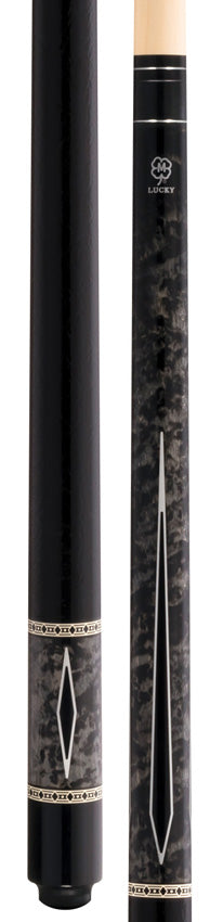 Lucky L54 Pool Cue - Gray Burl Wood with Black Points Graphic and Textured Leather Wrap