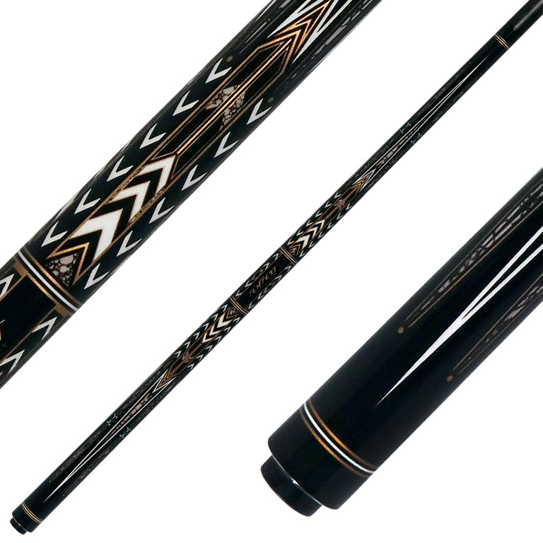 Fury FUAF1 No Wrap Pool Cue - Black with Gold and White Graphic with Carbon Fiber Shaft
