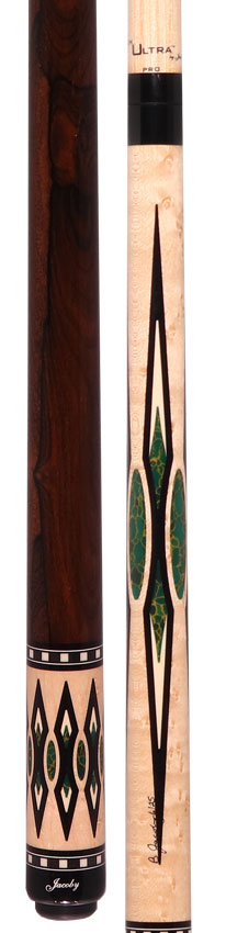 Jacoby HBV2 Series Pool Cue - Birdseye Maple with Arizona Jade Inlays and Ziricote Wrap