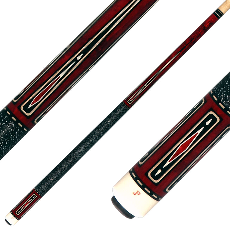 J Pechauer JP21T JP T Series Pool Cue - Wine-Stained Maple with Sim. Ebony Points and Red Pearl Inlays with Irish Linen Wrap
