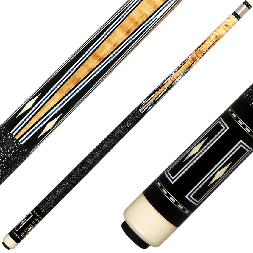 J Pechauer P16R Pro Series Pool Cue - Natural Stain with Blue Framed Black Points