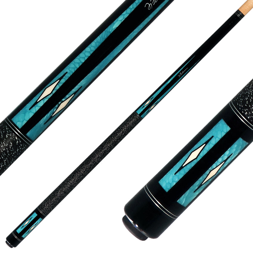 J Pechauer P18R Pro R Series Pool Cue - Ebony-Stained Maple with Aqua Exotic Points and Sim. Ivory Inlays with Irish Linen Wrap