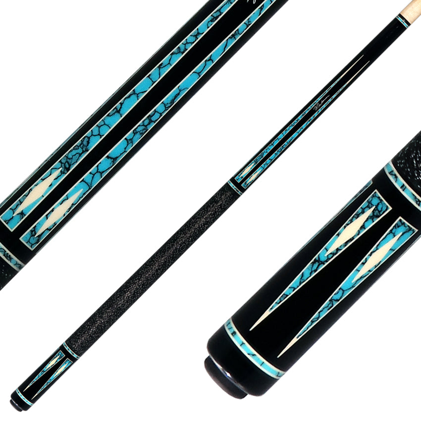 J Pechauer P20R Pro R Series Pool Cue - Ebony - Stained Maple with Sim. Ivory Framed Turquoise Points with Irish Linen Wrap