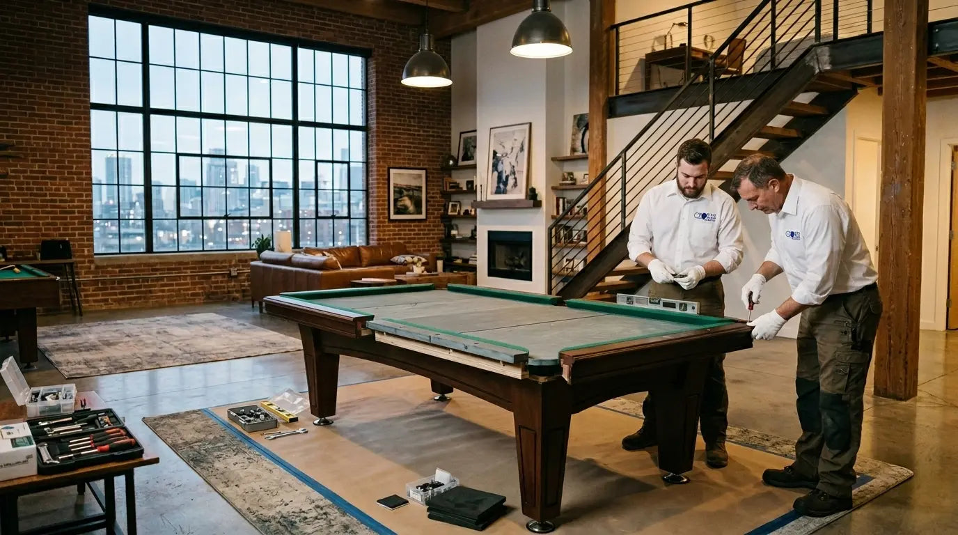 Two trained Ozone technicians disassemble an old pool table