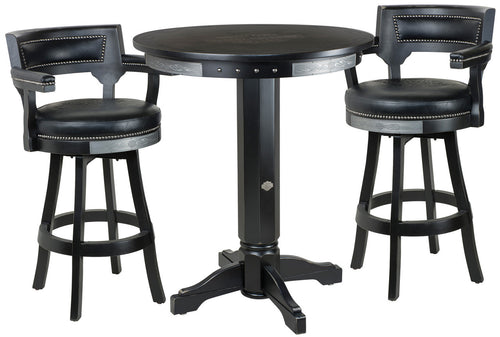 Harley Davidson Pub Table with Backrest Stools Set - Bar and Shield Flames Vintage Black 1