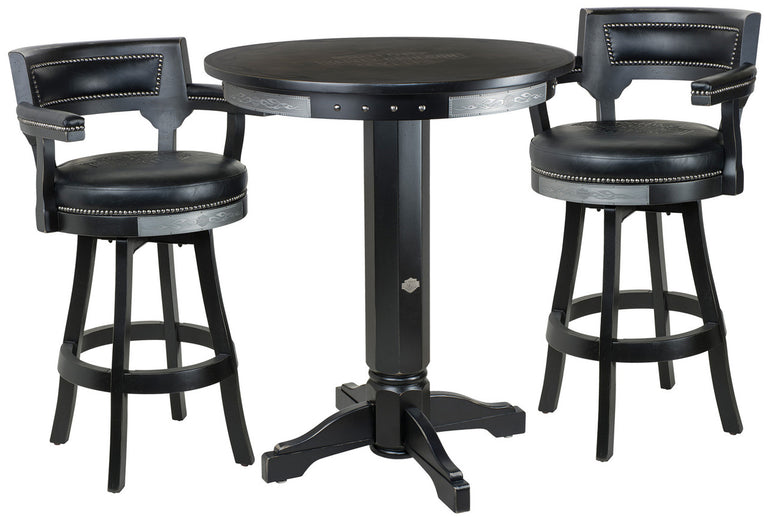 Harley Davidson Pub Table with Backrest Stools Set - Bar and Shield Flames Vintage Black