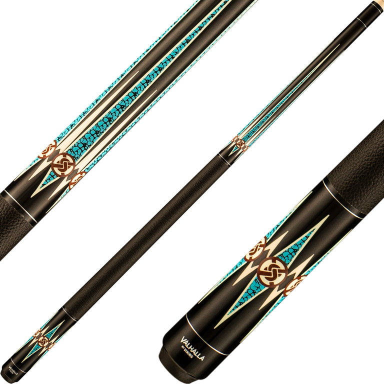 Valhalla VA704 Cue - Black with Turquoise and White Points and Cross Rings