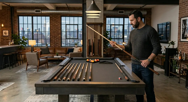 Man looks at cue while other types of cues are laid out on the table