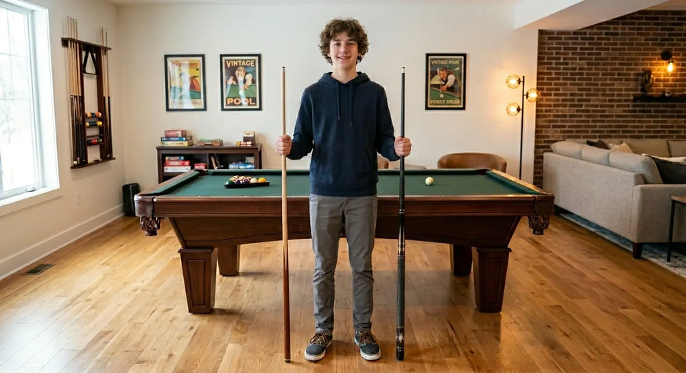 Boy standing in nice game room holding two pool sticks - one single piece house cue and one budget two-piece pool cue.