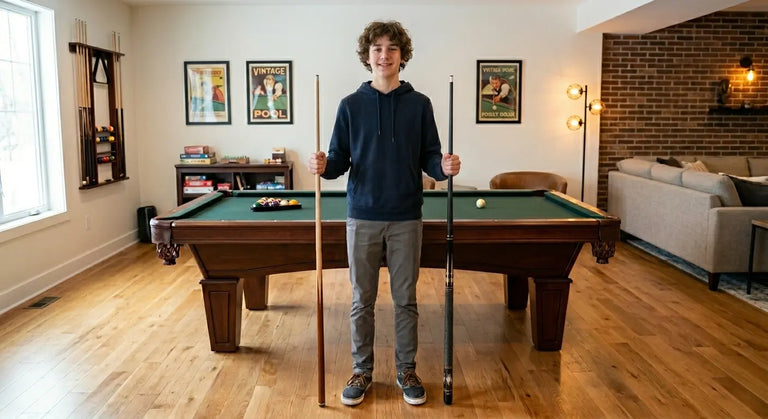 Boy standing in nice game room holding two pool sticks - one single piece house cue and one budget two-piece pool cue.