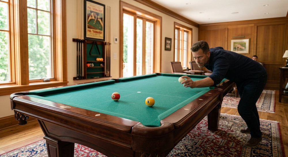Man lining up a practice shot on his pool table.