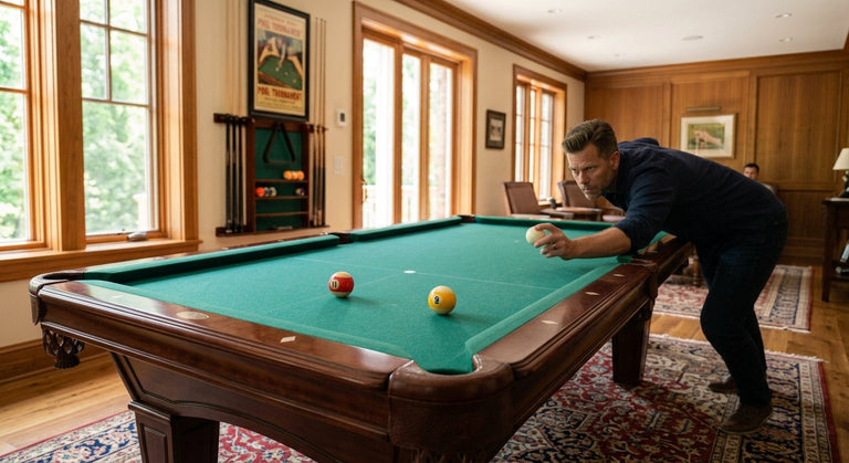 Man lining up a practice shot on his pool table.