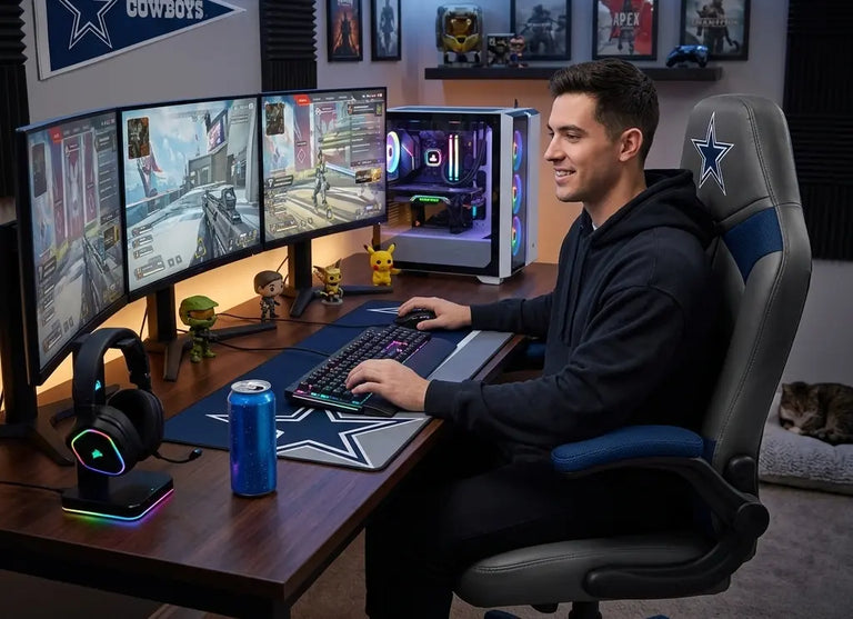 A man sitting at his desk gaming in his comfortable gaming chair