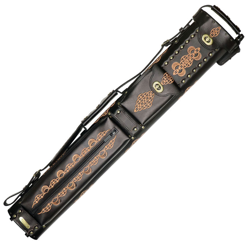 Instroke Saddle DO3 2x4 Pool Cue Case - Black Hand Tooled