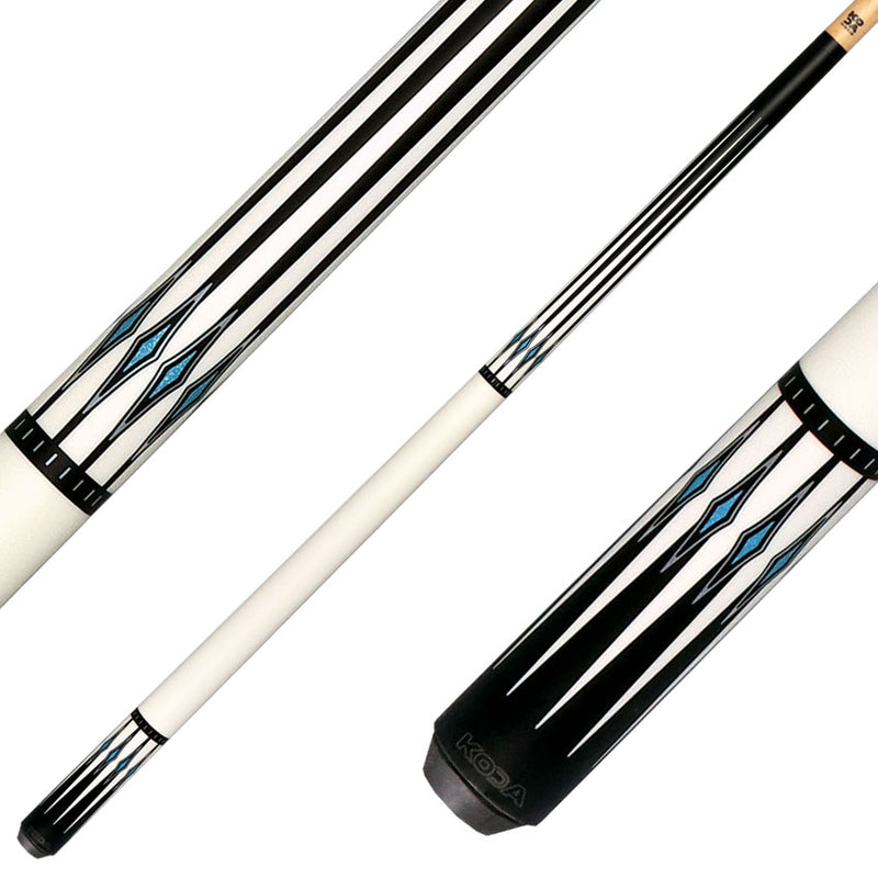 KODA KD55 No Wrap Pool Cue - Black-Stained Maple with White Points and Blue Inlay Graphic