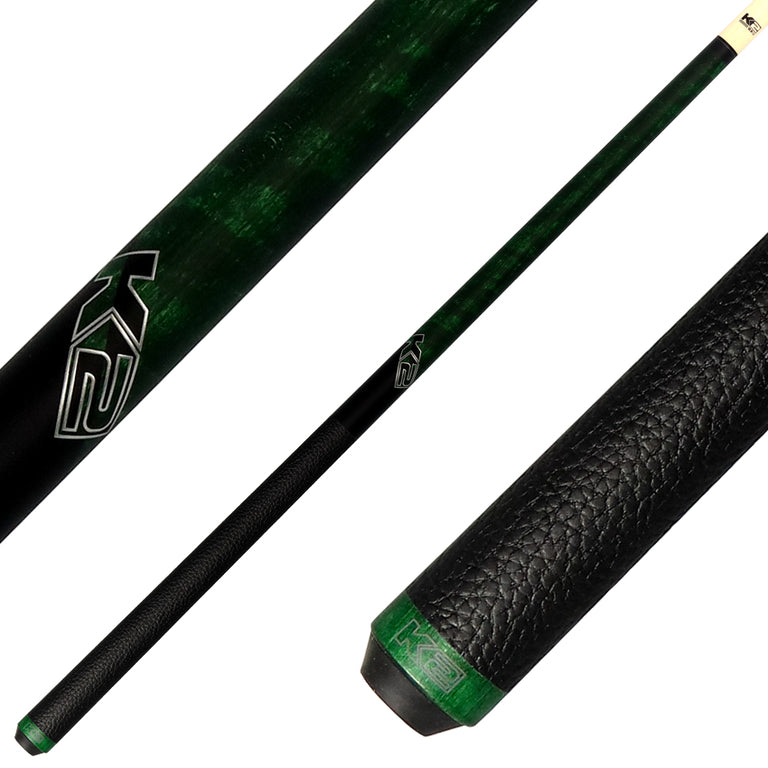 K2 Matte Green-Stained Maple Play Cue with Leather Wrap and 12.50mm LD Shaft - KLCGN