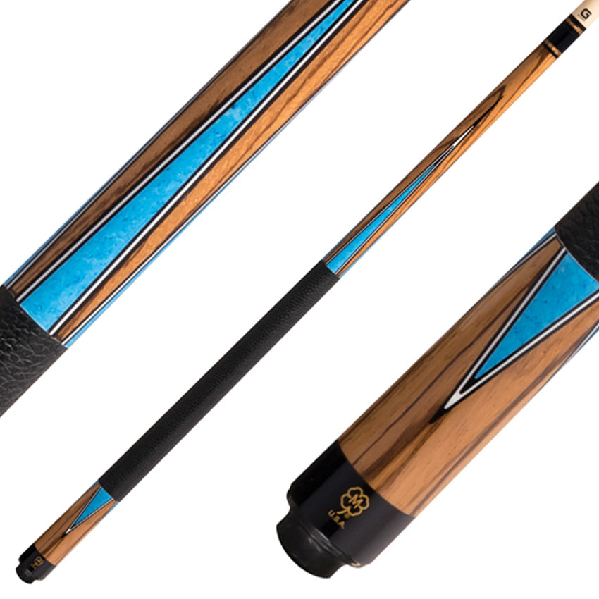 McDermott G1002 G Series Pool Cue - Zebrawood with Denim Blue Points and Textured Leather Wrap