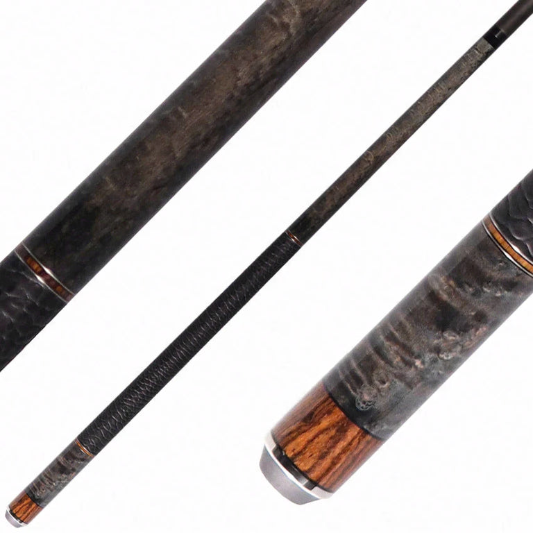 Bull Carbon Gray Birdseye Maple with Bocote Inlays Play Cue with Textured Leather Wrap