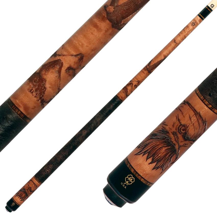 McDermott G438 G Series Pool Cue - Michigan Maple with Wildfire 3D Birds of Prey and Embossed Ostrich Leather Wrap