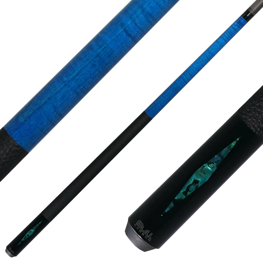 Bull Carbon Blue Stained Maple with Blue Genuine Shell Inlays Play Cue with Textured Leather Wrap