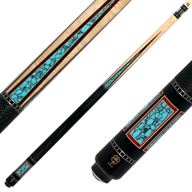 McDermott G607 G Series Pool Cue - Maple with 4 Turquoise / Cocobolo Points and Lizard Leather Wrap