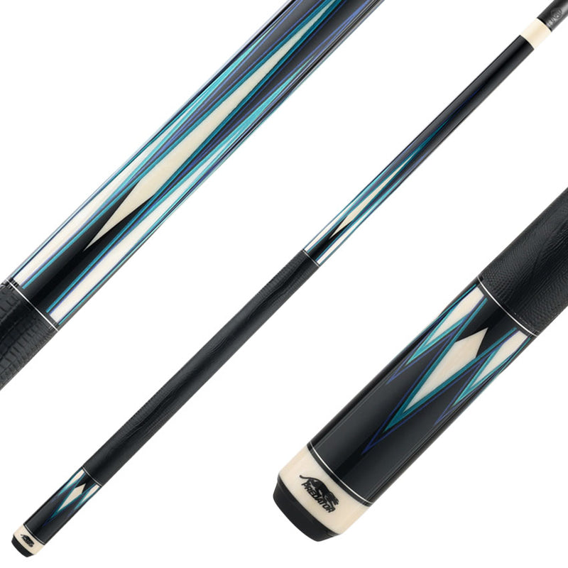 Predator Truesplice 16 Ebony Forearm with Blue and Teal Veneers Pool Cue with Lizard Wrap - Radial