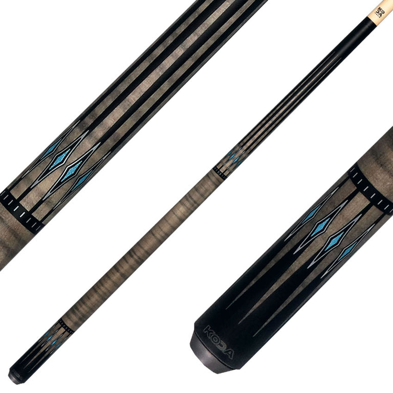 KODA KD55GY No Wrap Pool Cue - Black-Stained Maple with Gray Points and Blue Inlay Graphic