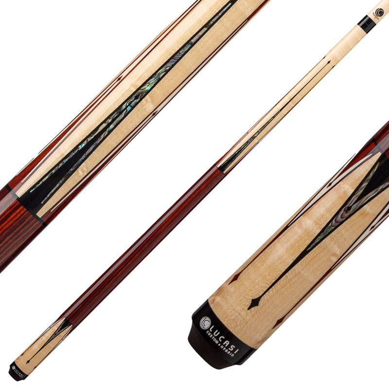 Lucasi Custom LZC63 Wrapless Pool Cue - Natural Birdseye Maple with Black / White and Mother of Pearl Inlays