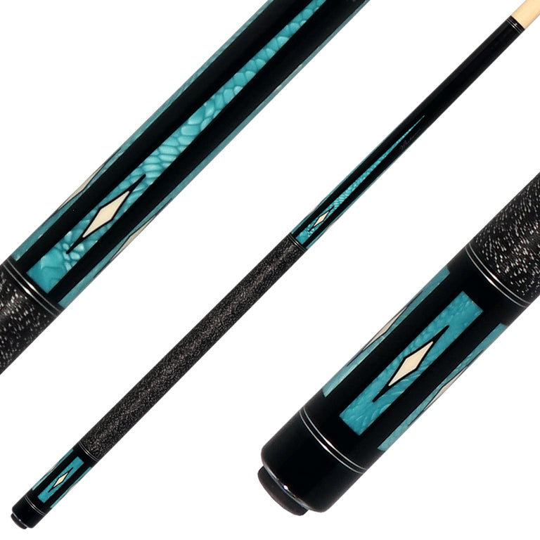 J Pechauer P18R Pro R Series  Pool Cue - Ebony-Stained Maple with Aqua Exotic Points and Sim. Ivory Inlays with Irish Linen Wrap